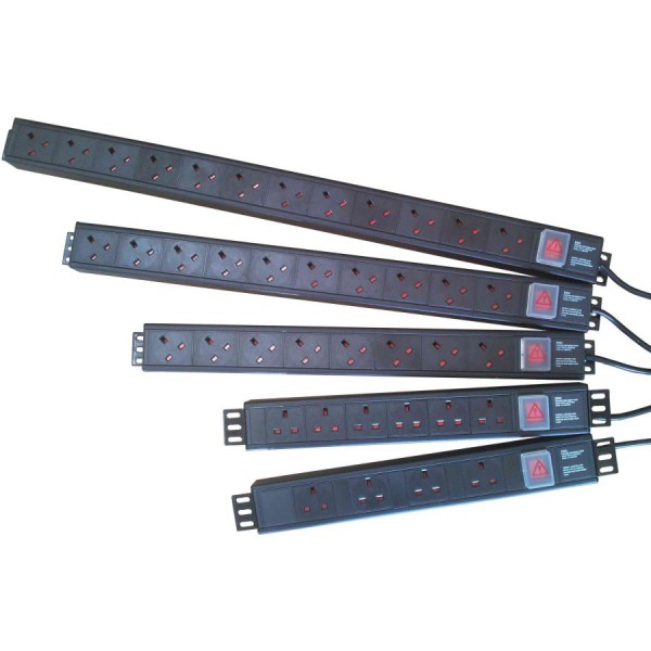 PDU 16 Way Vertical Neon Indicator 32A BS4343 Plug (Commando) 13A UK Socket Black (L) 1095mm Cord 3m