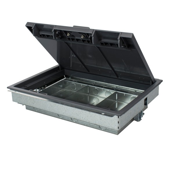 Floor Box 3 Compartment Shallow Empty Grey (D) 64mm Floor Cut Out 303mm x 221mm Faceplate Size 89mm x 185mm