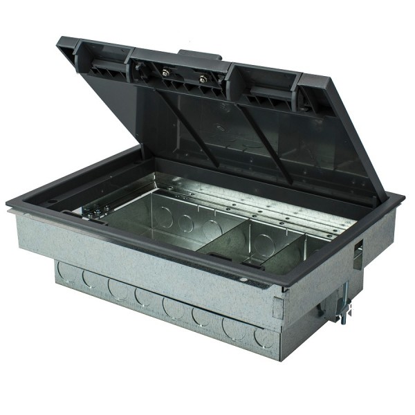 Floor Box 4 Compartment Standard Depth Empty Grey (D) 90mm Floor Cut Out 303mm x 221mm Faceplate Size 68mm x 185mm